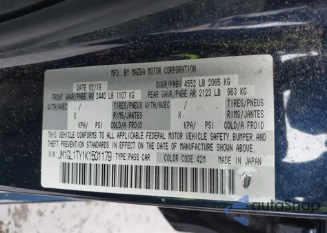 2019 Mazda Mazda6 Grand Touring z USA, uszkodzony, nr VIN JM1GL1TY1K1501179